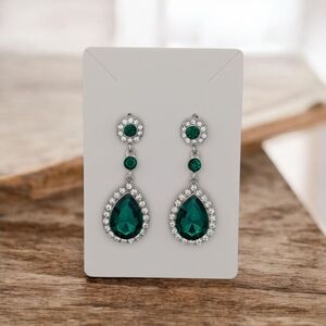 Green Gemstone Crystal Drop Earrings Silver Clear Stone